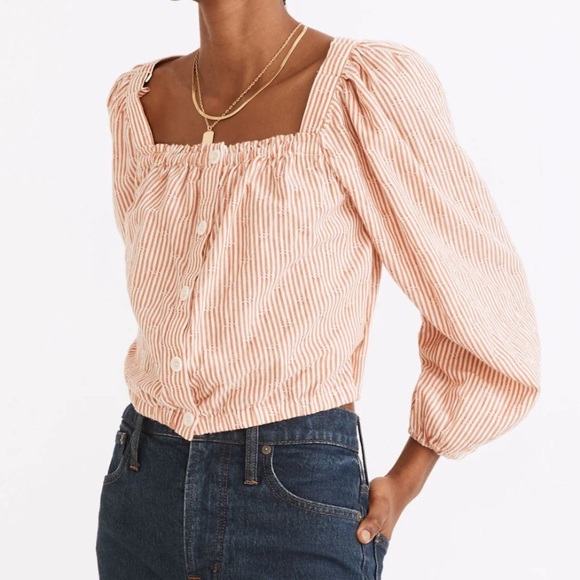 Madewell Puff Long Sleeve Button Down Crop Top Embroidered Stripes Orange Sz XS - Picture 1 of 12